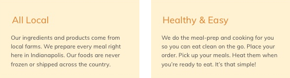 Two short blurb cards, All Local and Healthy & Easy