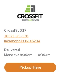 A pickup location card with a gym's logo, address, delivery time and a Pickup Here button