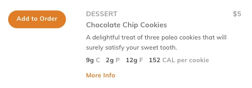 A menu item card without a photo, with an Add to Order button, description, price and nutrition facts