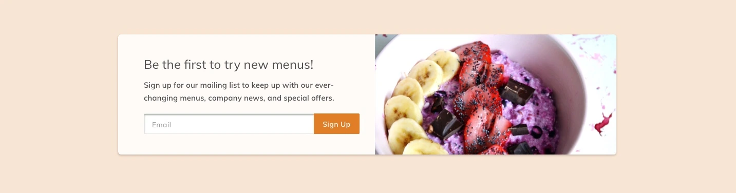 A newsletter sign-up band on a peach background, with an email field beside a photo of an açaí bowl