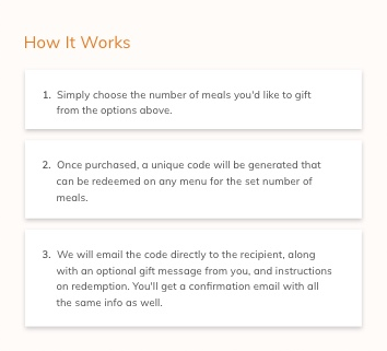 A How It Works card listing three numbered steps for buying a meal gift code