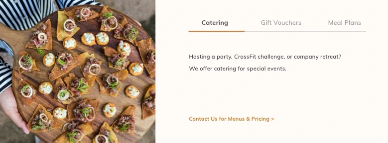 A tabbed catering panel beside a food photo, with Catering, Gift Vouchers and Meal Plans tabs